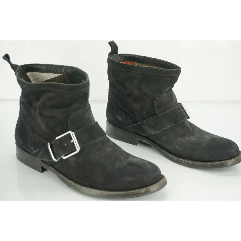 Burberry Black Suede Motor Biker Short Ankle Boots Size 35 House Check